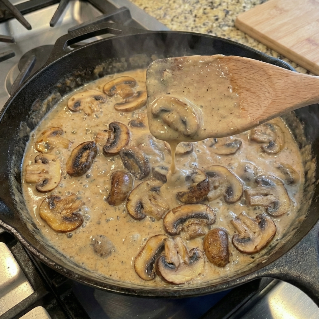 Thick creamy mushroom sauce coating a wooden spoon in a skillet for green bean casserole