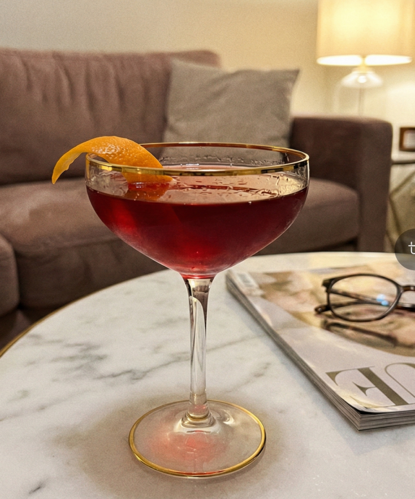 Vanilla cranberry lemon drop martini with lemon twist, smooth dessert-style holiday cocktail