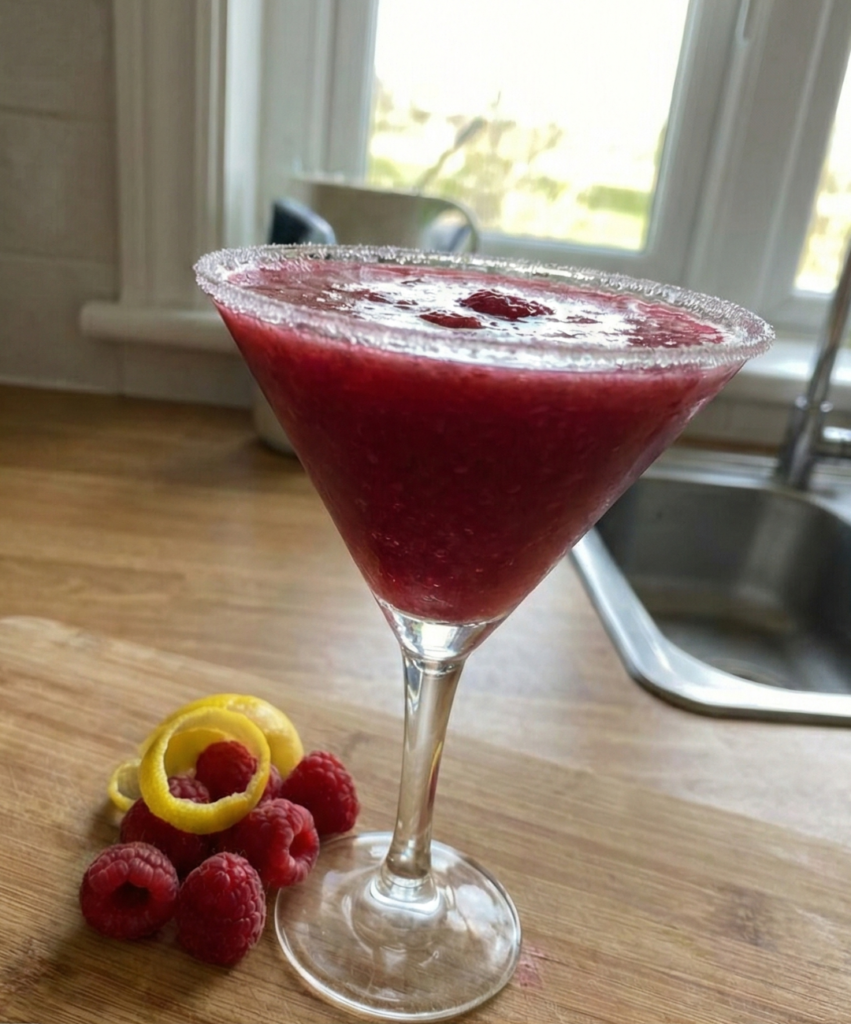 Raspberry cranberry lemon drop martini with fresh berries, pink holiday cocktail with citrus flavor